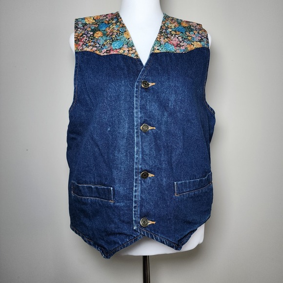 CPS Denim Vest Womens Large Floral Western Cowgirl Rodeo 80s Cottagecore Country - Picture 10 of 16